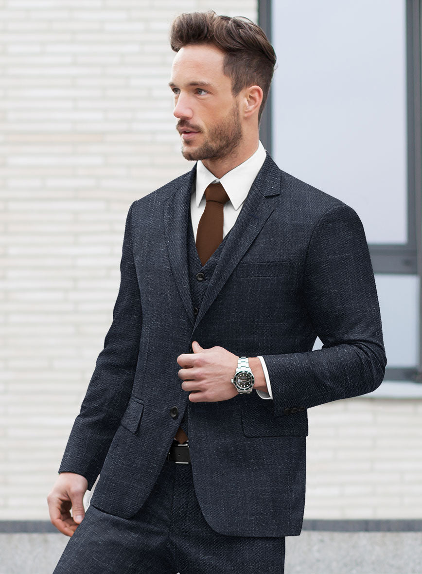 London Loom Blue Twill Wool Silk Linen Suit - StudioSuits