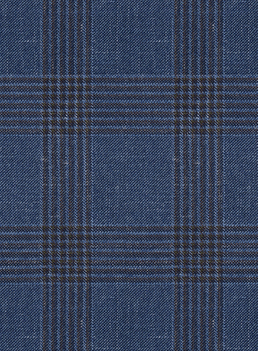 London Loom Dark Blue Check Wool Silk Linen Pants - StudioSuits