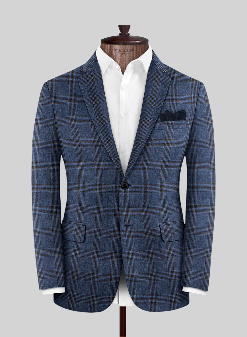 London Loom Dark Blue Check Wool Silk Linen Suit - StudioSuits