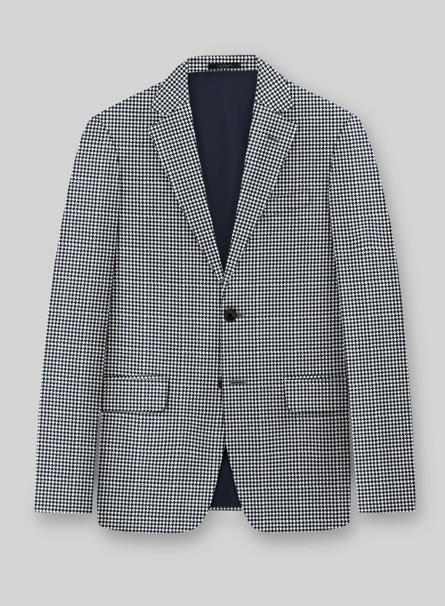 London Loom Steel Blue Houndstooth Wool Silk Linen Jacket - StudioSuits