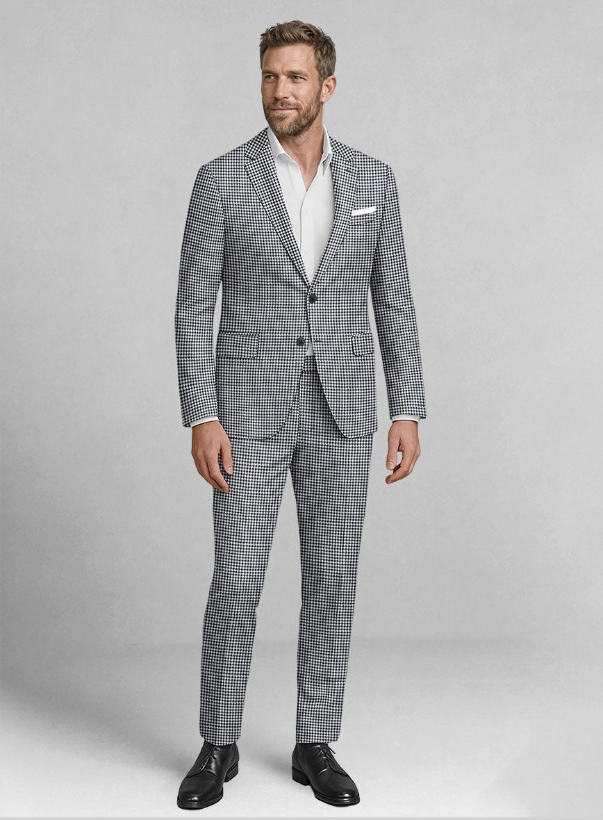 London Loom Steel Blue Houndstooth Wool Silk Linen Suit - StudioSuits