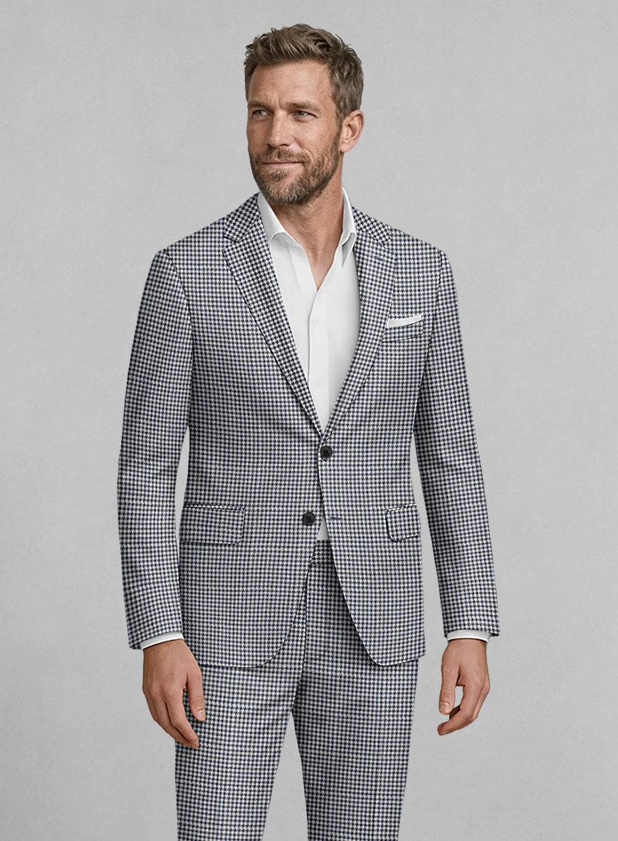 London Loom Steel Blue Houndstooth Wool Silk Linen Jacket - StudioSuits