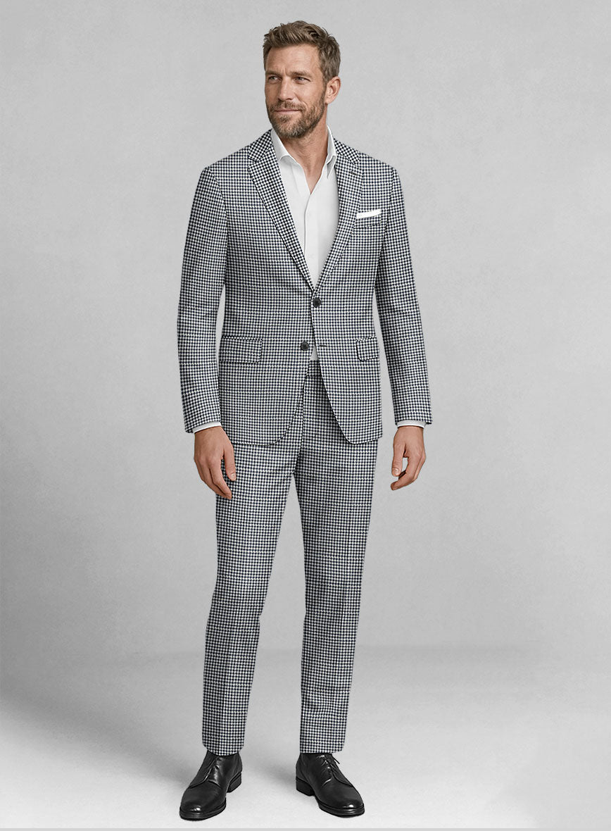 London Loom Steel Blue Houndstooth Wool Silk Linen Suit - StudioSuits