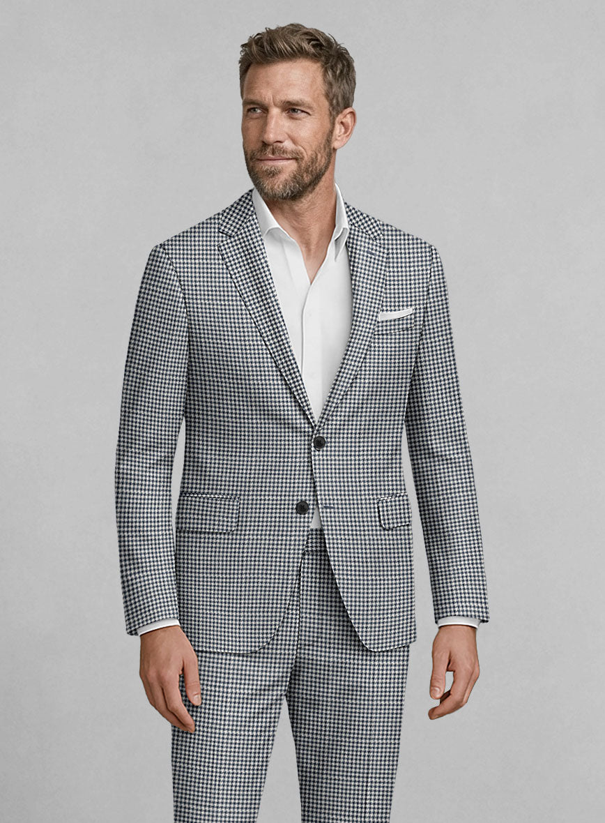London Loom Steel Blue Houndstooth Wool Silk Linen Suit - StudioSuits