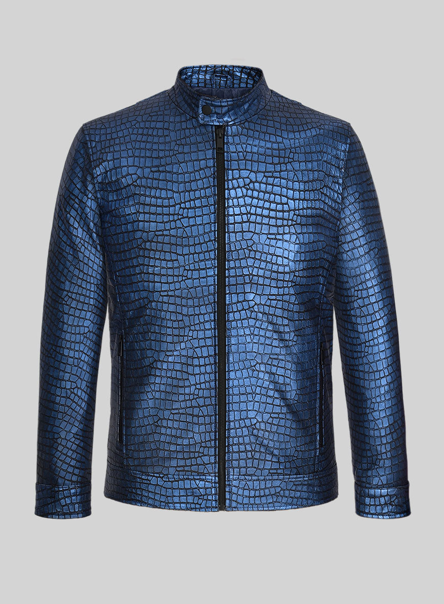 Lustrous Croc Metallic Blue Leather Jacket - StudioSuits