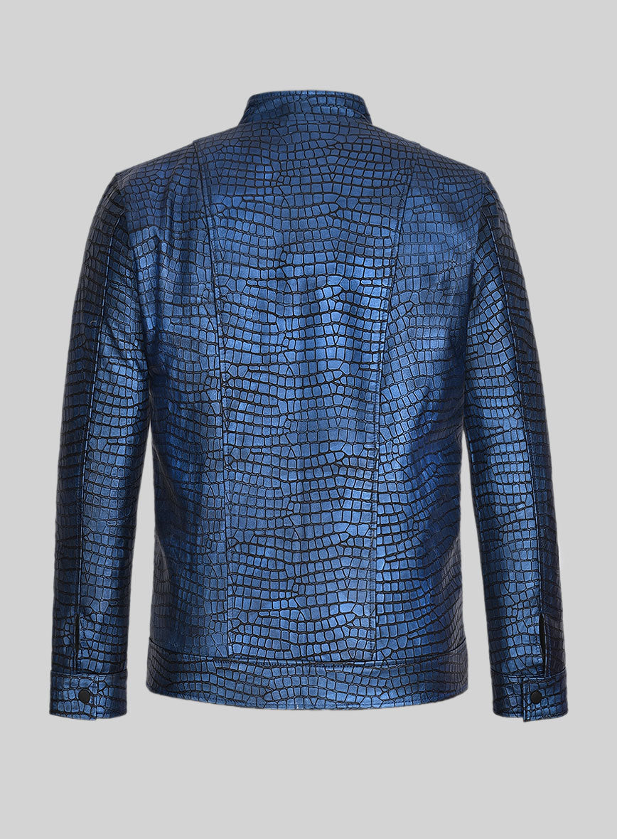 Lustrous Croc Metallic Blue Leather Jacket - StudioSuits