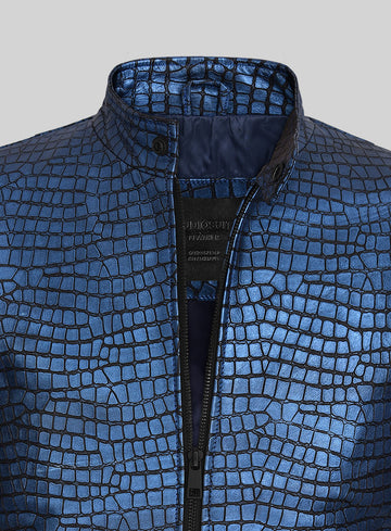 Lustrous Croc Metallic Blue Leather Jacket - StudioSuits