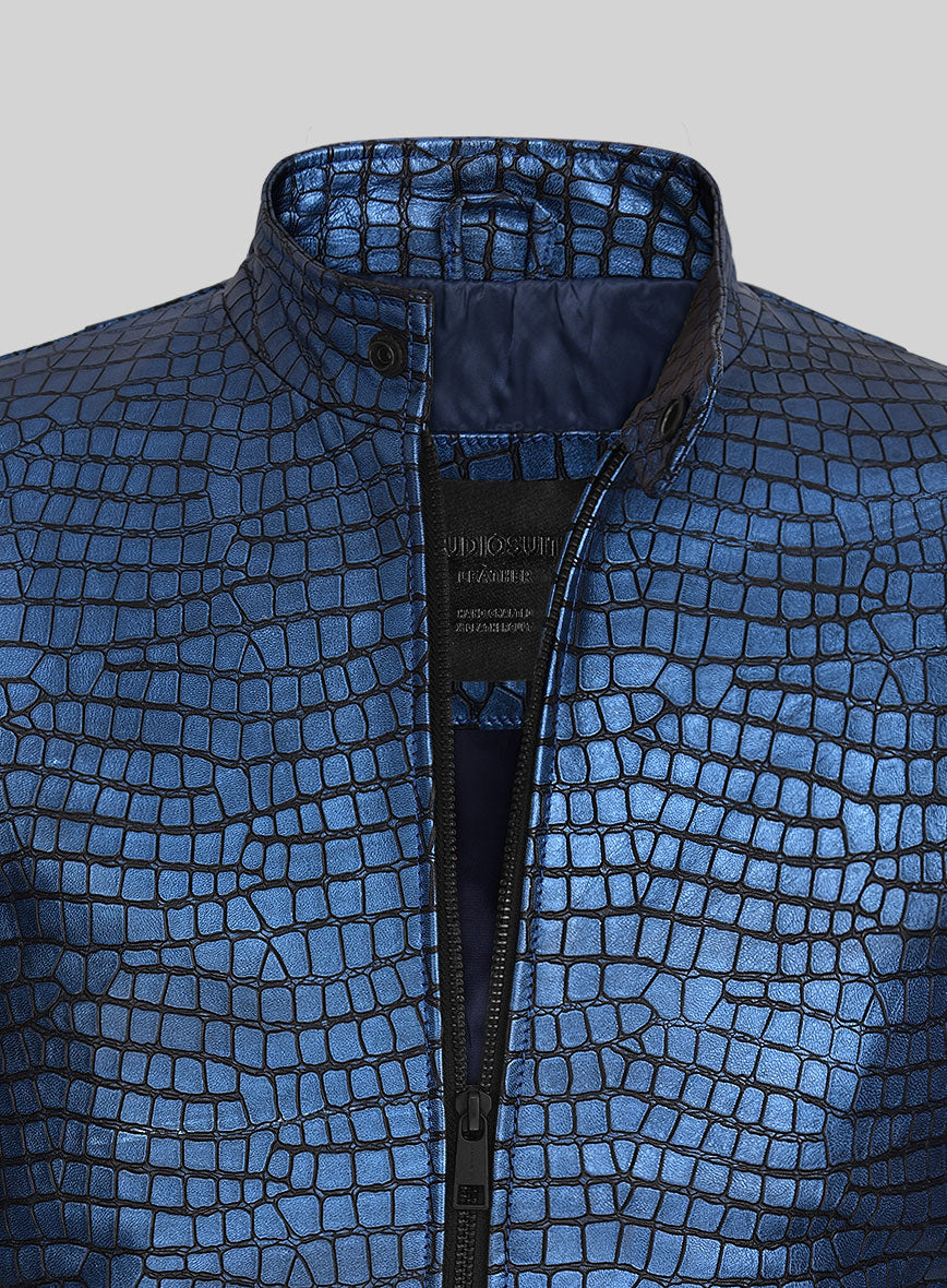 Lustrous Croc Metallic Blue Leather Jacket - StudioSuits