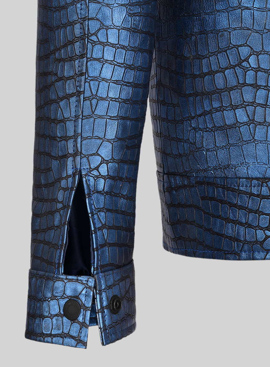 Lustrous Croc Metallic Blue Leather Jacket - StudioSuits