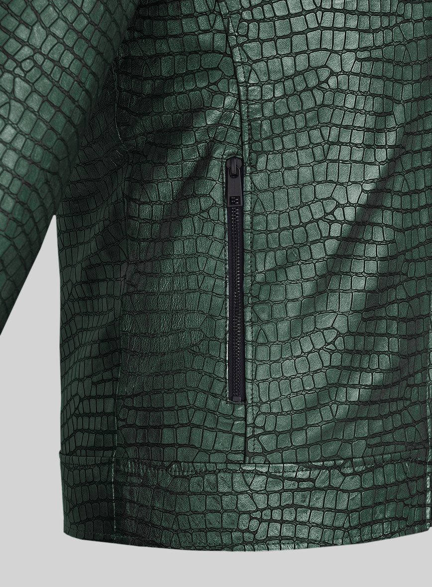 Lustrous Croc Metallic Green Leather Jacket - StudioSuits