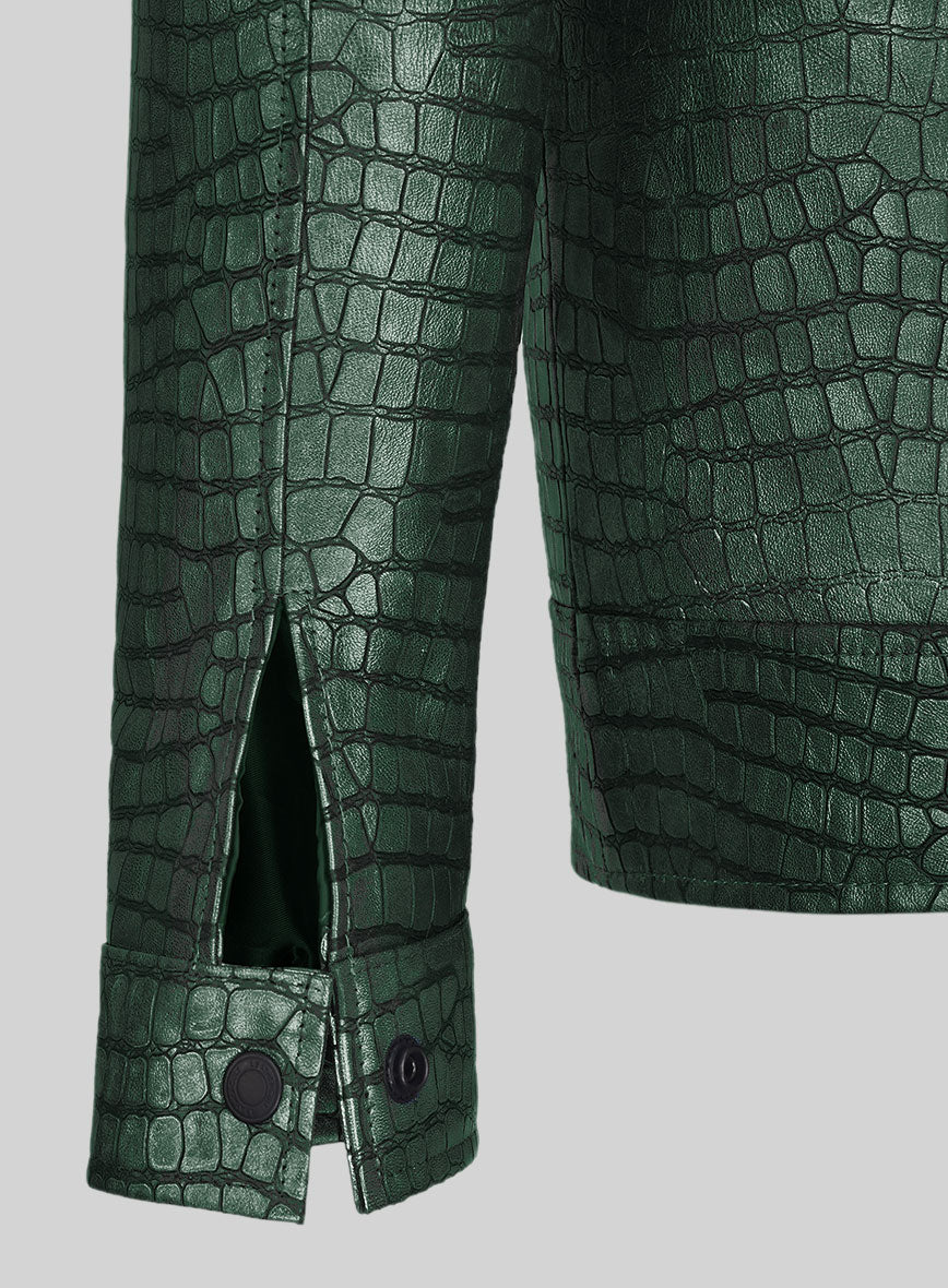 Lustrous Croc Metallic Green Leather Jacket - StudioSuits