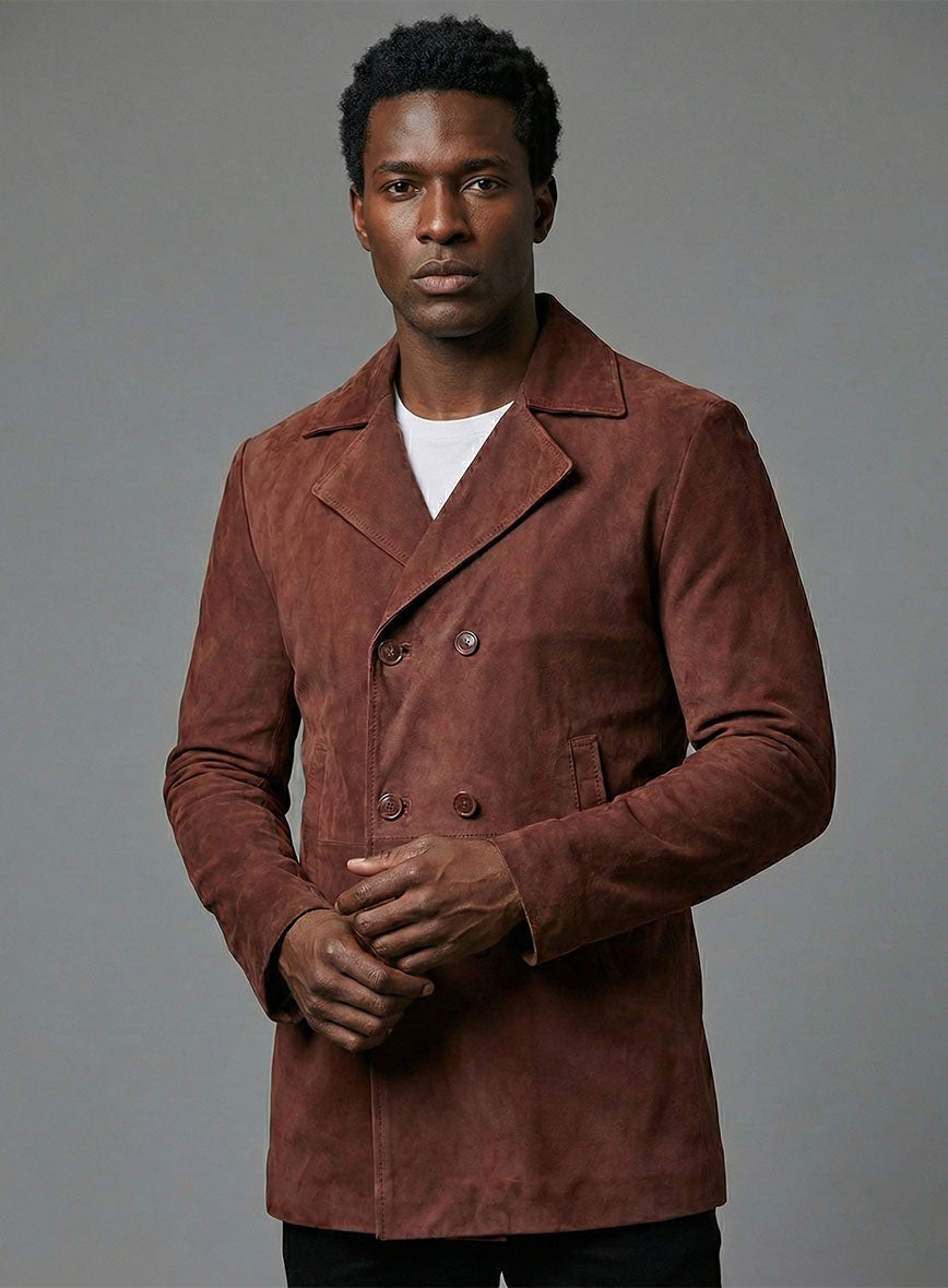 Mahogany Brown Suede Leather Pea Coat - StudioSuits