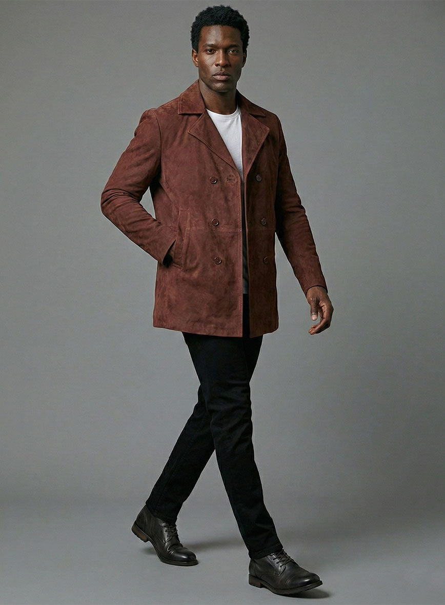 Mahogany Brown Suede Leather Pea Coat - StudioSuits