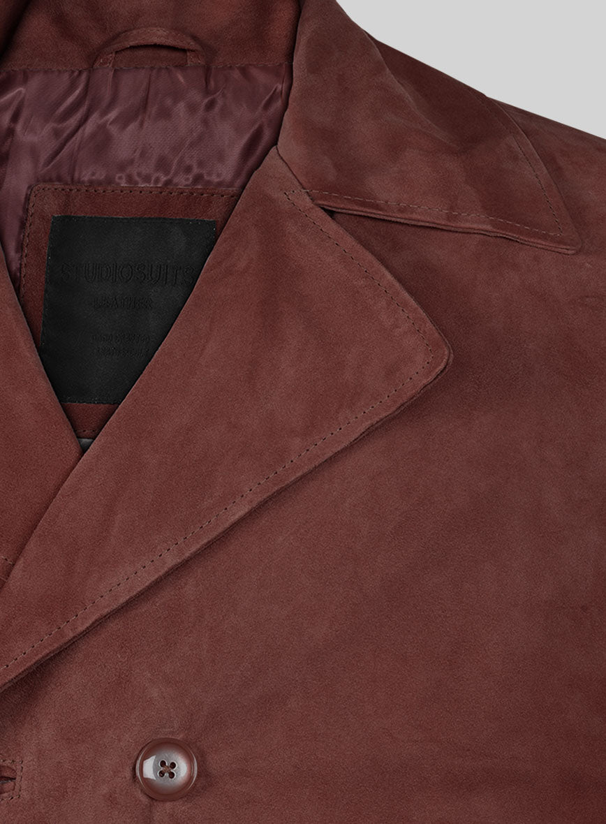 Mahogany Brown Suede Leather Pea Coat - StudioSuits