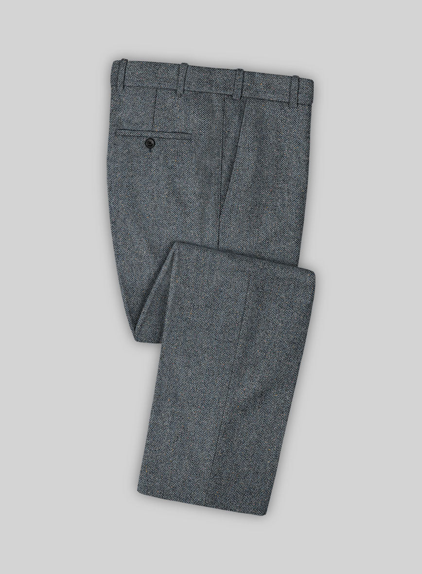 Mid Blue Herringbone Flecks Donegal Tweed Pants - StudioSuits