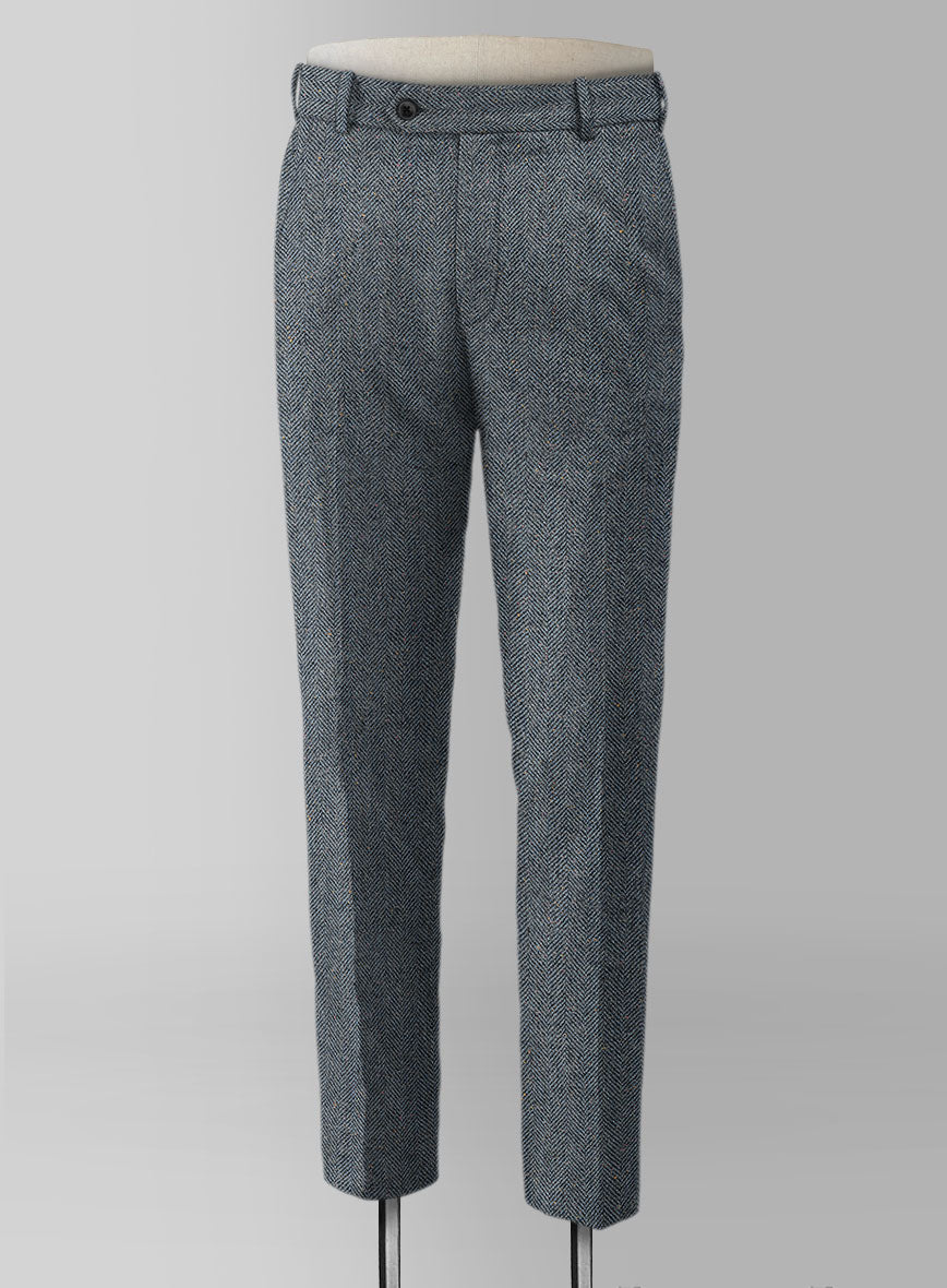 Mid Blue Herringbone Flecks Donegal Tweed Pants - StudioSuits