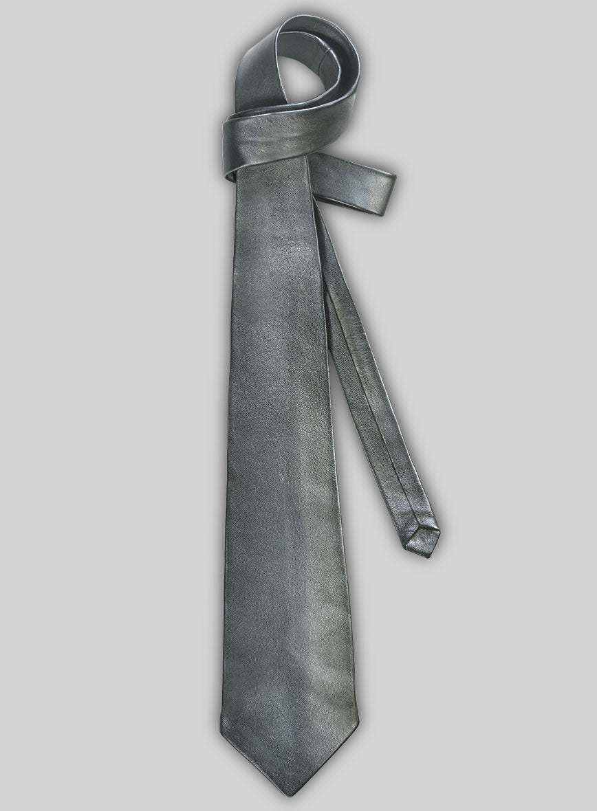 Metallic Lurex Gray Leather Tie - StudioSuits