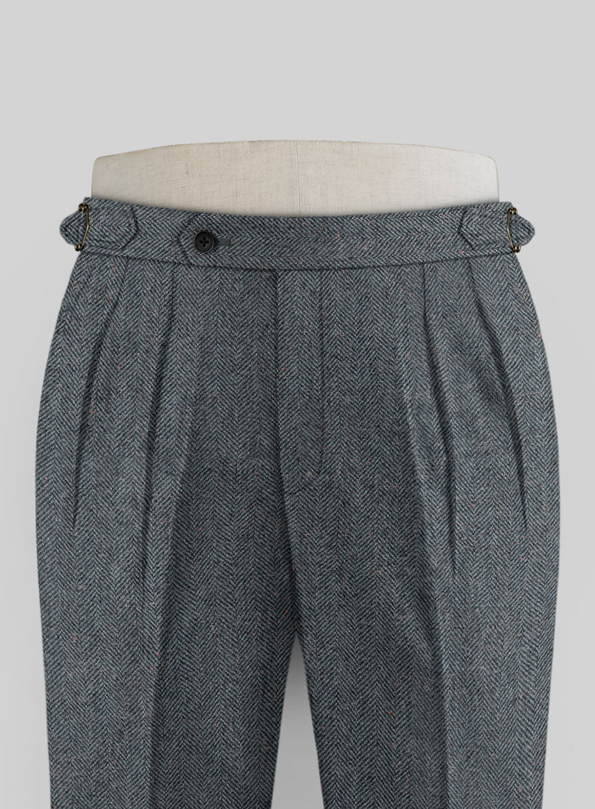 Mid Blue Herringbone Flecks Donegal Highland Tweed Trousers - StudioSuits