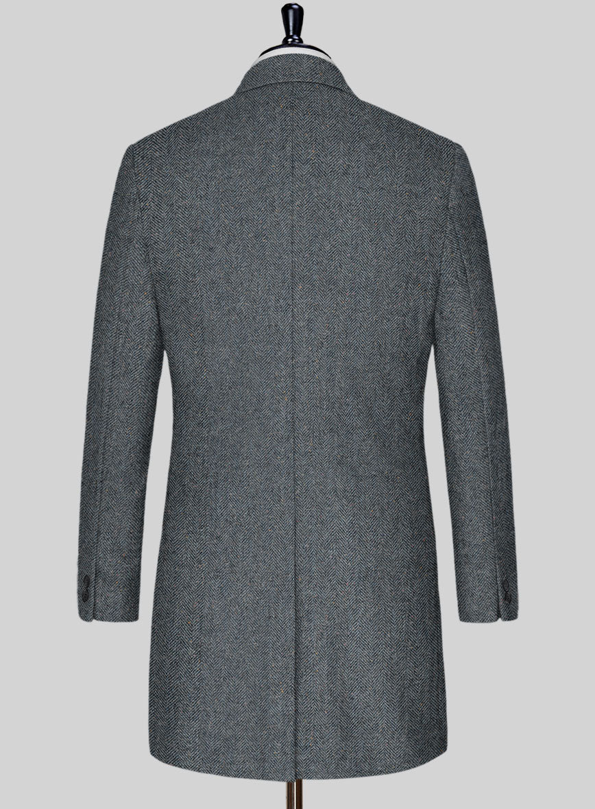 Mid Blue Herringbone Flecks Donegal Tweed Overcoat - StudioSuits