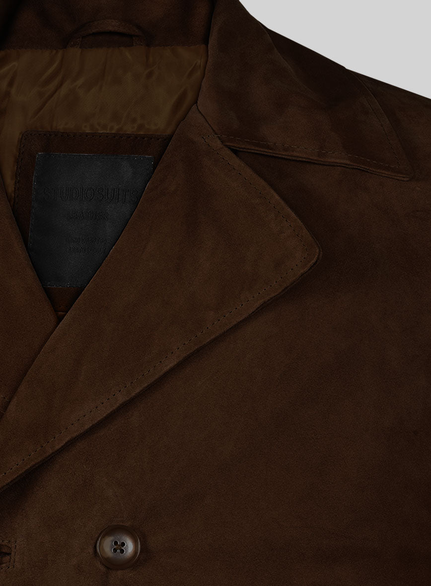 Mid Brown Suede Leather Pea Coat - StudioSuits