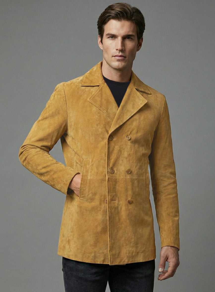 Mustard Suede Leather Pea Coat - StudioSuits