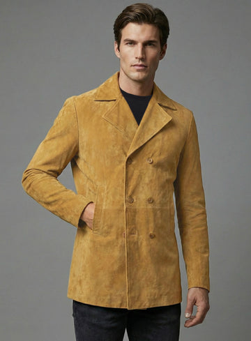 Mustard Suede Leather Pea Coat - StudioSuits