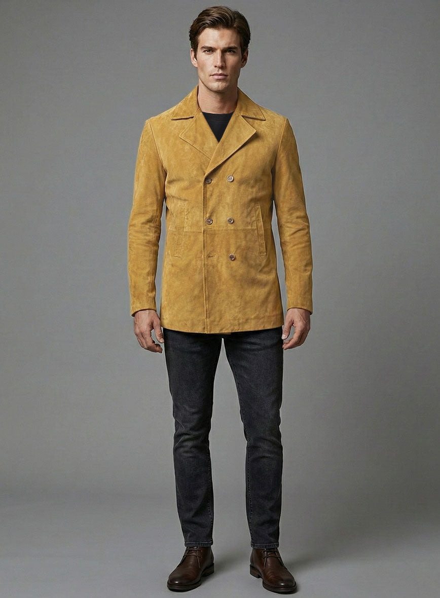 Mustard Suede Leather Pea Coat - StudioSuits