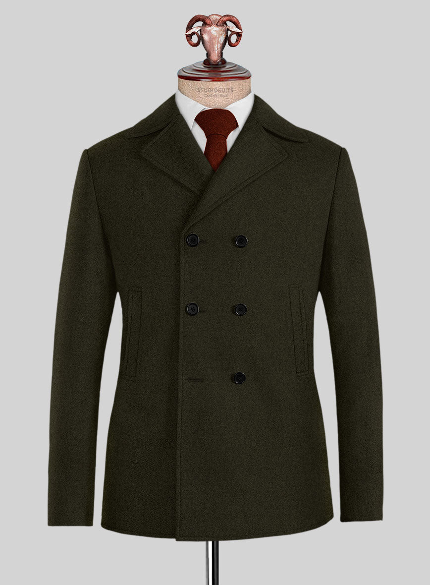 Naples Dark Green Tweed Pea Coat - StudioSuits