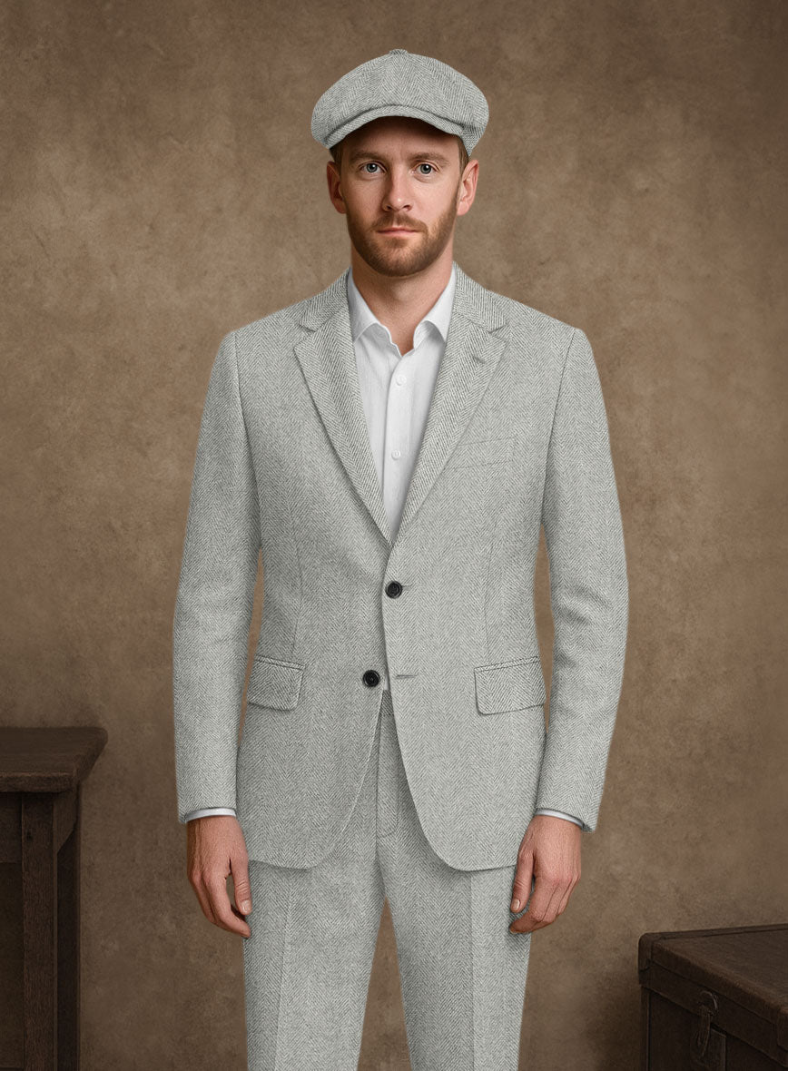 Naples Wide Herringbone Light Gray Tweed Jacket - StudioSuits