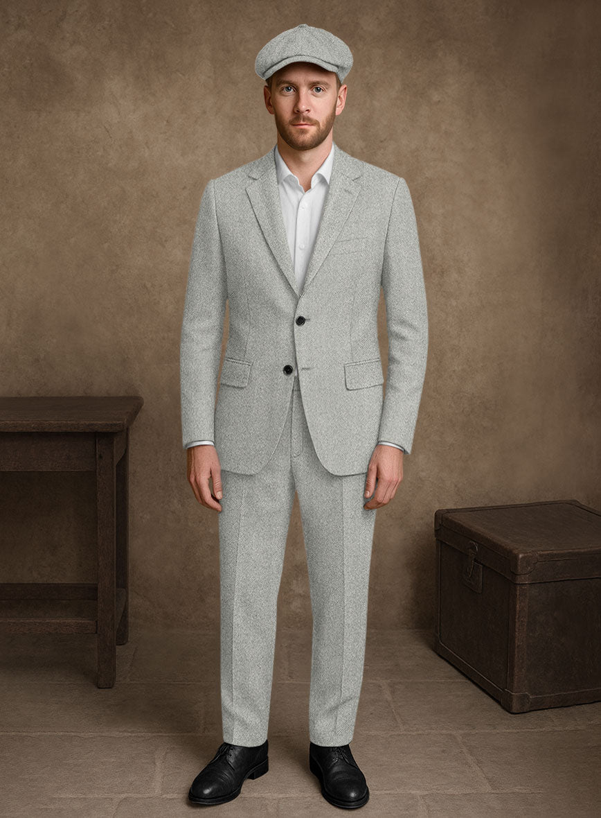 Naples Wide Herringbone Light Gray Tweed Suit - StudioSuits