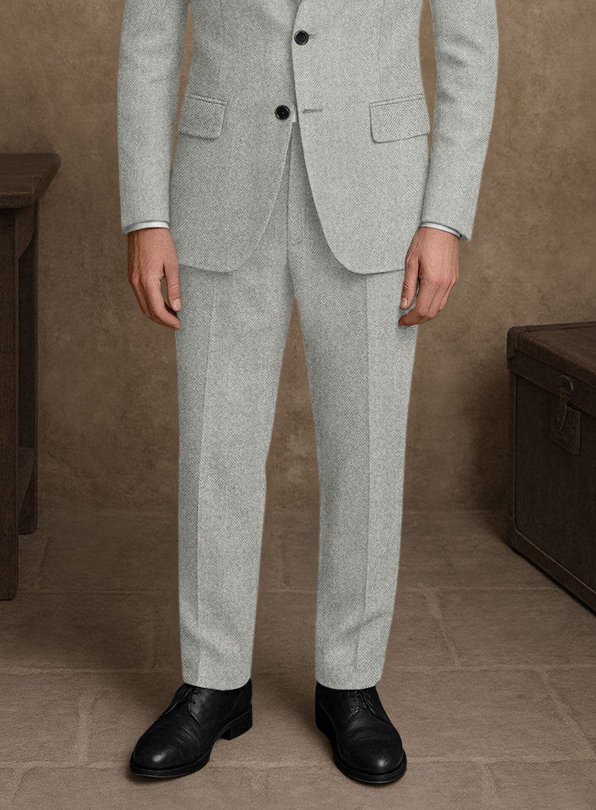 Naples Wide Herringbone Light Gray Tweed Pants - StudioSuits
