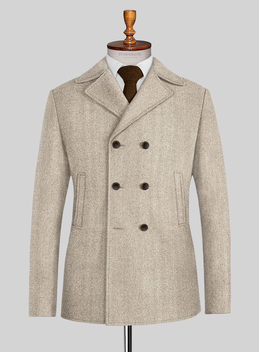 Naples Wide Herringbone Beige Tweed Pea Coat - StudioSuits