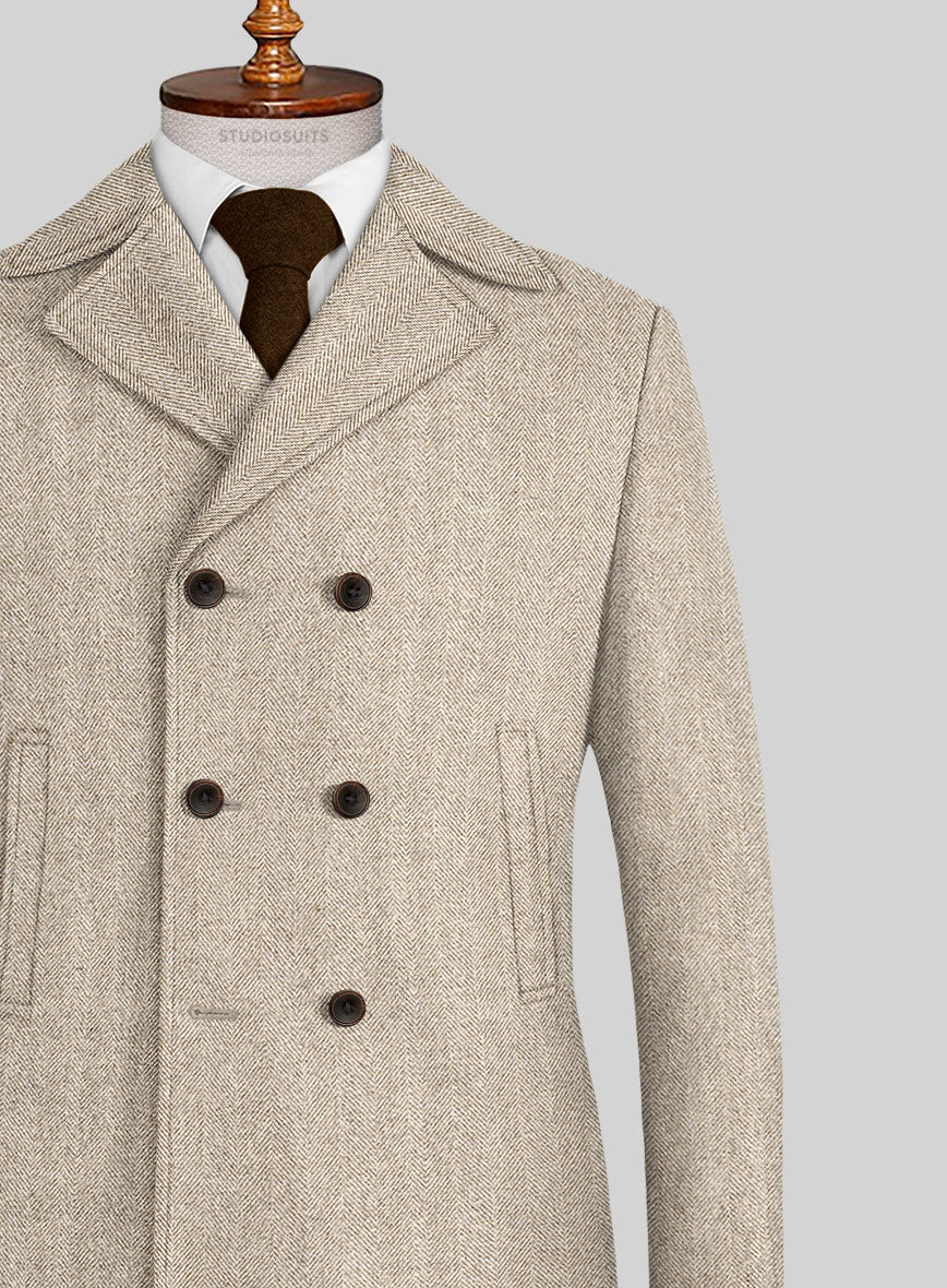 Naples Wide Herringbone Beige Tweed Pea Coat - StudioSuits