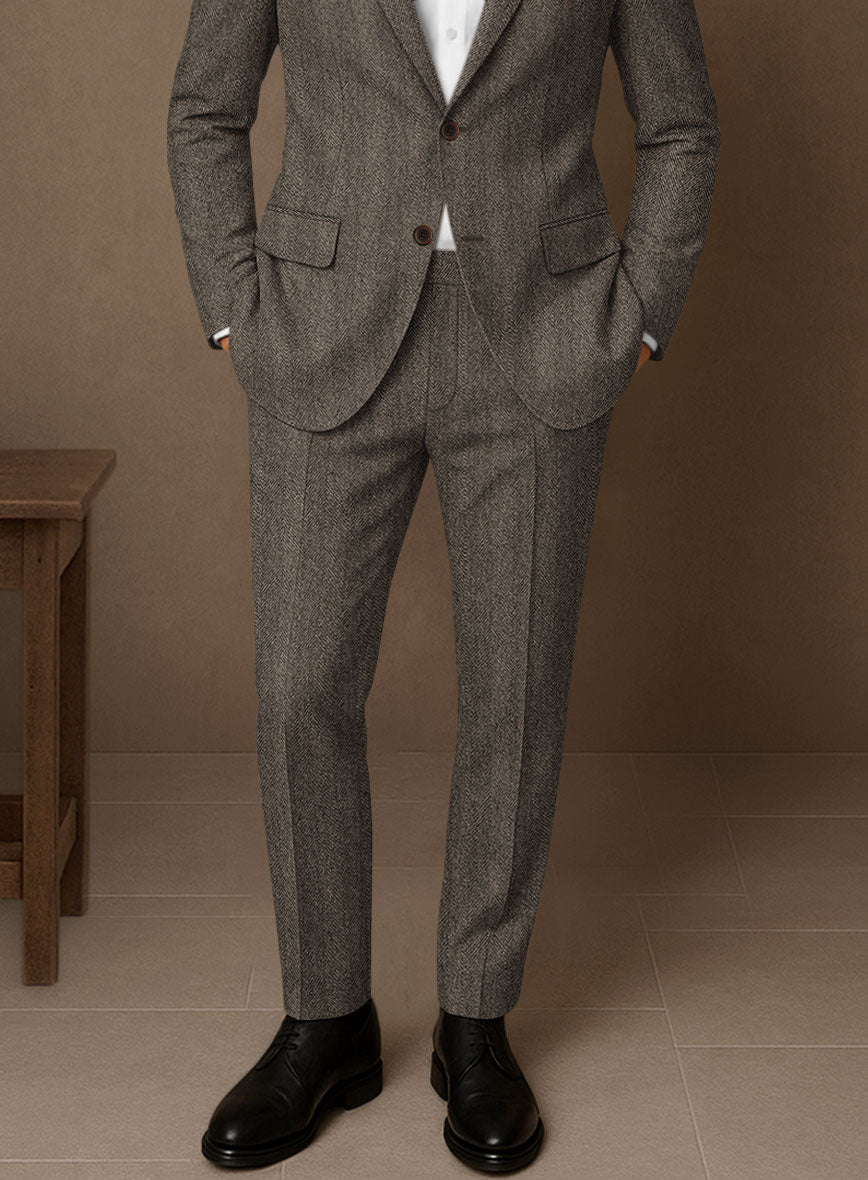 Naples Wide Herringbone Brown Tweed Pants - StudioSuits