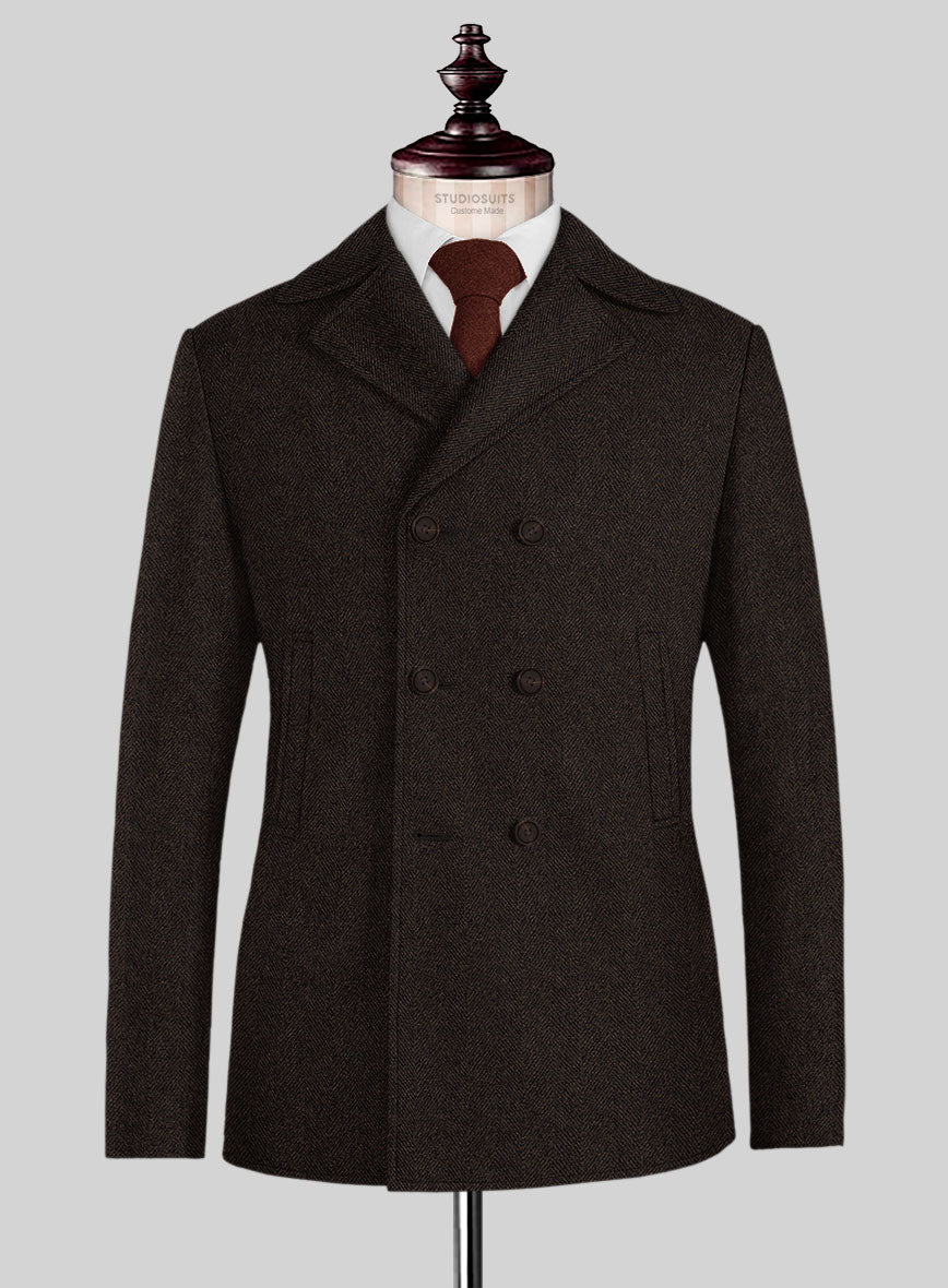 Naples Wide Herringbone Dark Brown Tweed Pea Coat - StudioSuits