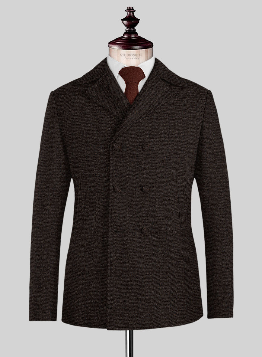 Naples Wide Herringbone Dark Brown Tweed Pea Coat – StudioSuits