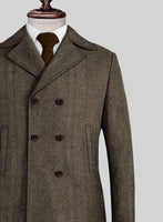 Naples Wide Herringbone Brown Tweed Pea Coat - StudioSuits