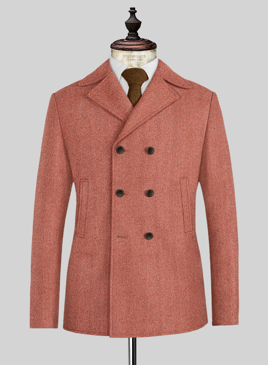 Naples Wide Herringbone Carmine Pink Tweed Pea Coat - StudioSuits