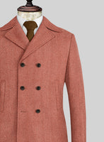 Naples Wide Herringbone Carmine Pink Tweed Pea Coat - StudioSuits