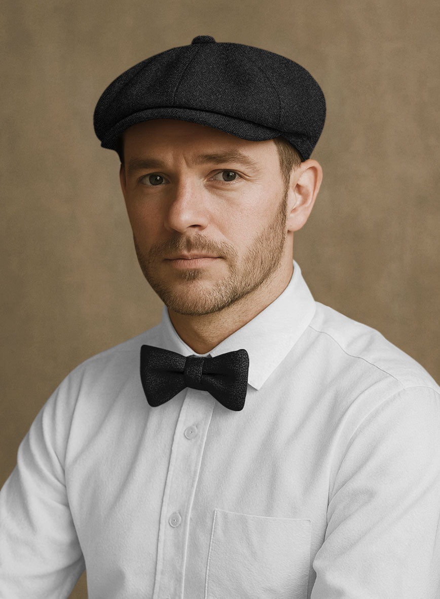 Naples wide Herringbone Charcoal Tweed Newsboy Cap - StudioSuits