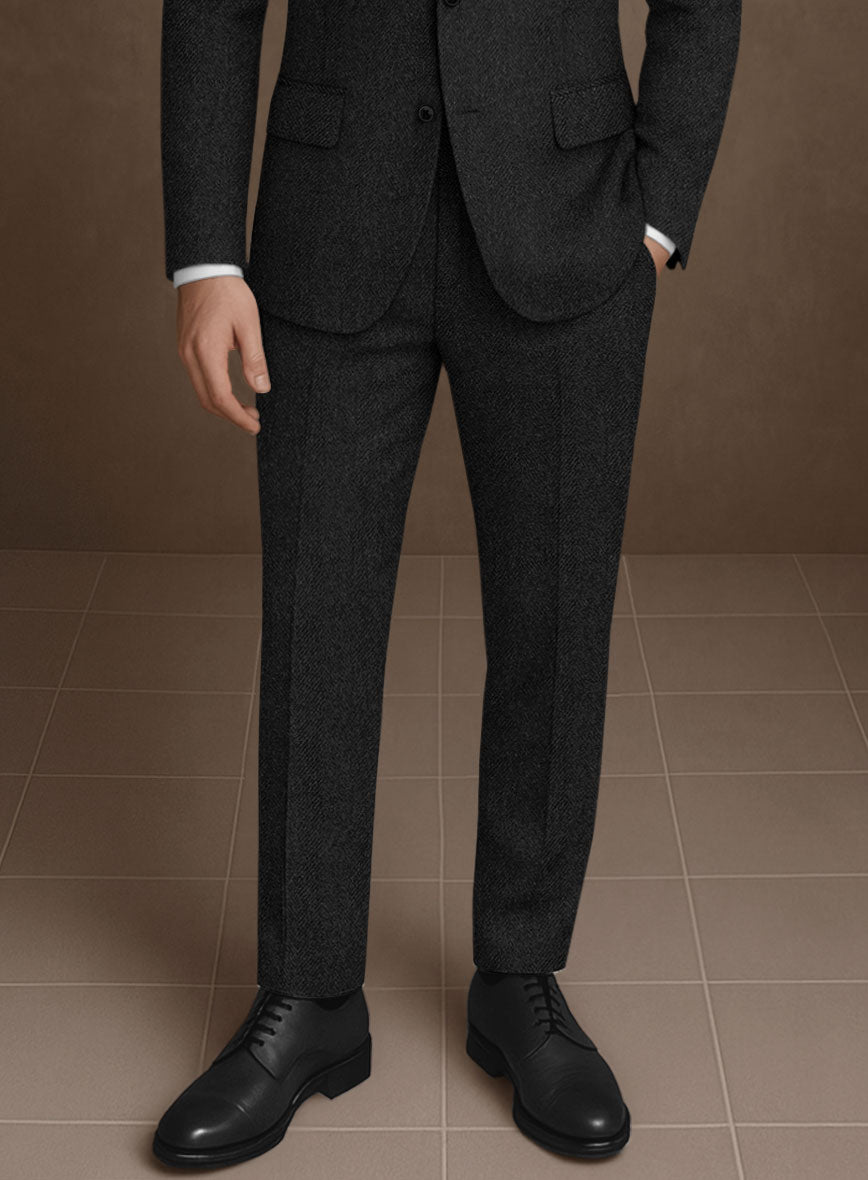 Naples Wide Herringbone Charcoal Tweed Pants - StudioSuits