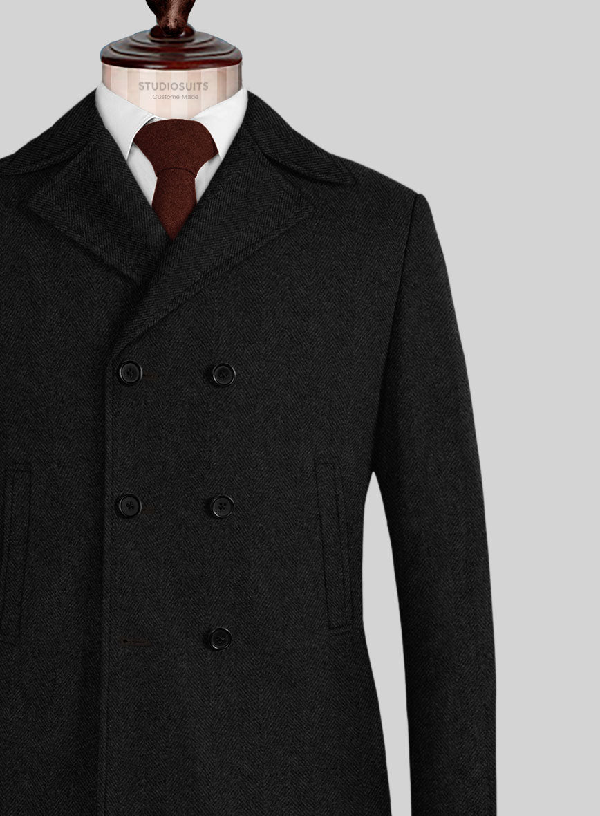 Naples Wide Herringbone Charcoal Tweed Pea Coat – StudioSuits