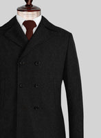 Naples Wide Herringbone Charcoal Tweed Pea Coat - StudioSuits