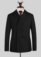 Naples Wide Herringbone Charcoal Tweed Pea Coat - StudioSuits