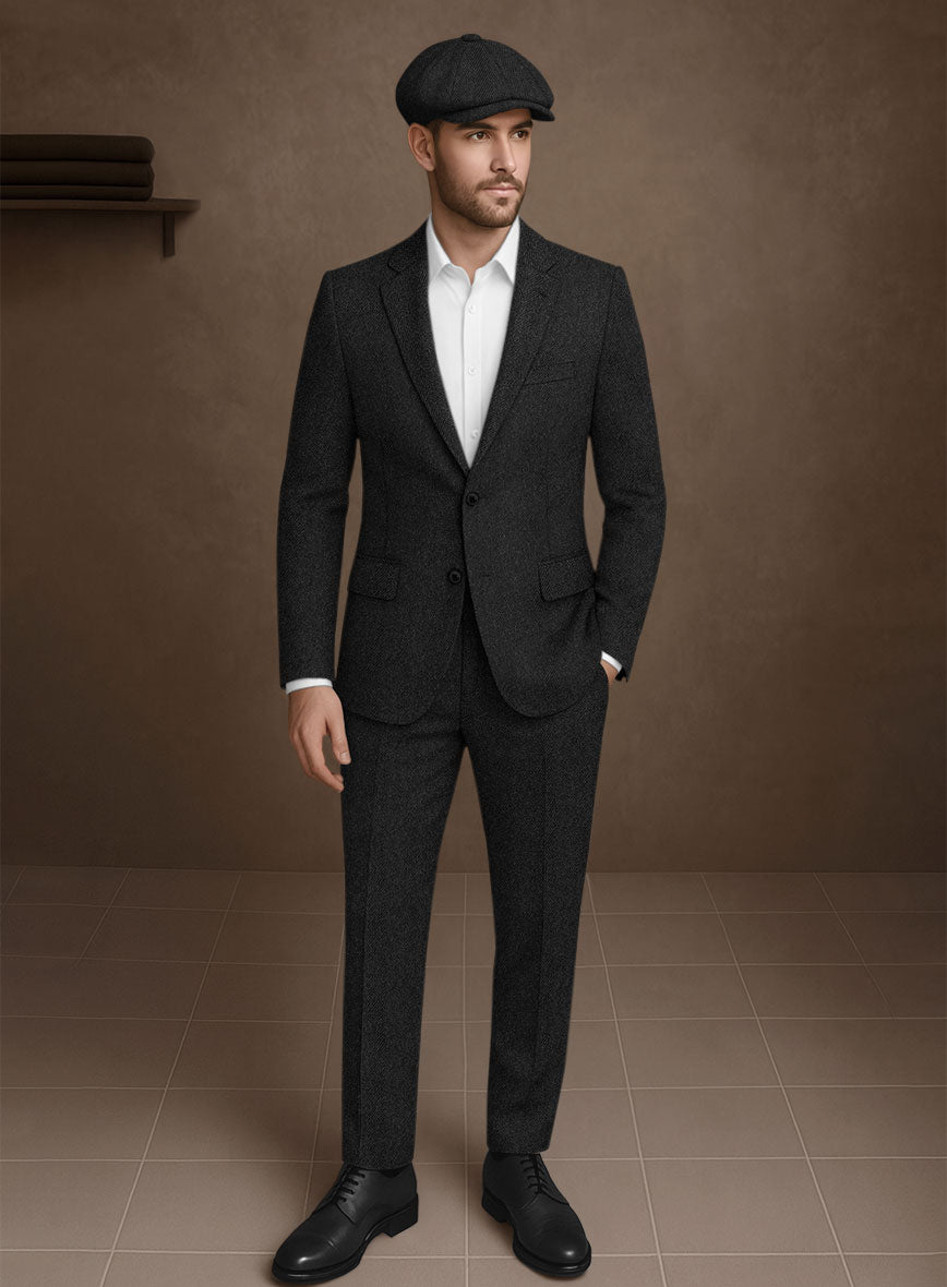 Naples Wide Herringbone Charcoal Tweed Suit - StudioSuits