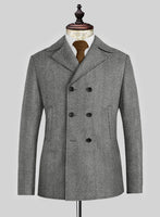 Naples Wide Herringbone Gray Tweed Pea Coat - StudioSuits