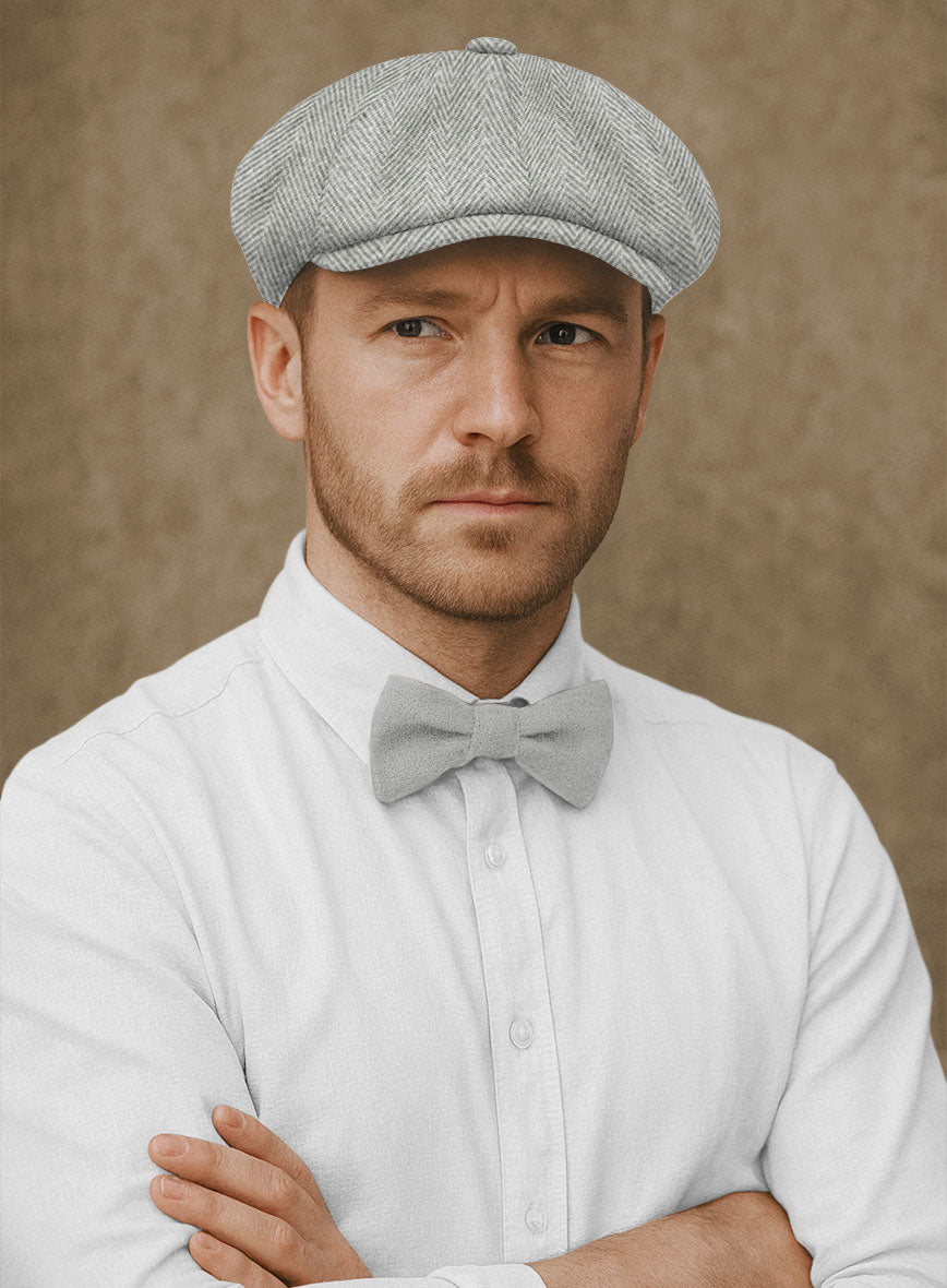 Naples Wide Herringbone Light Gray Tweed Newsboy Cap - StudioSuits