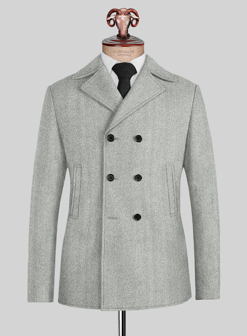 Naples Wide Herringbone Light Gray Tweed Pea Coat - StudioSuits