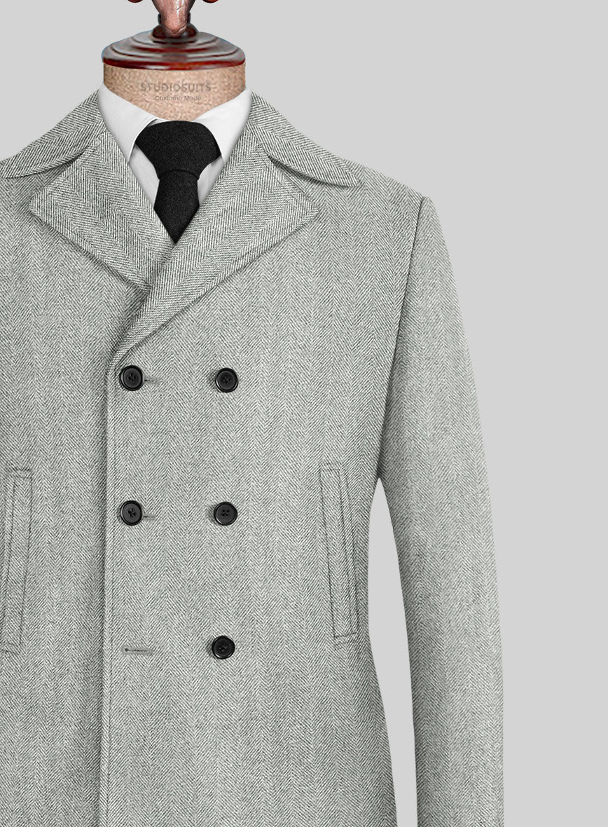 Naples Wide Herringbone Light Gray Tweed Pea Coat - StudioSuits