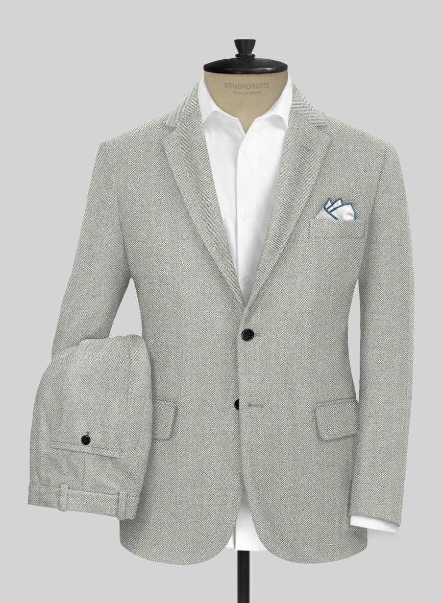 Naples Wide Herringbone Light Gray Tweed Suit - StudioSuits
